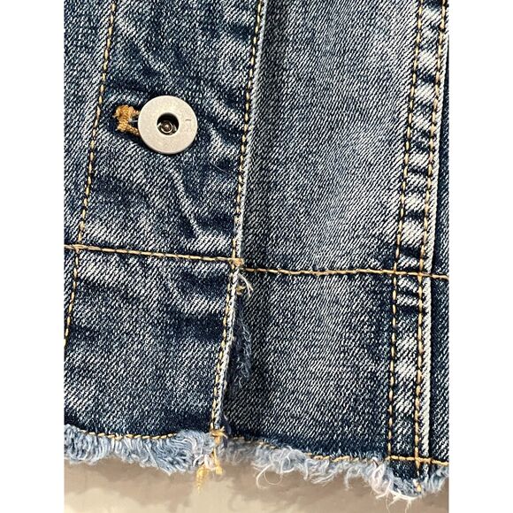 ~ Pilcro Lg Jean Jacket Cropped Denim Anthropologie Blue Raw Edge Stretch Large - Picture 3 of 14